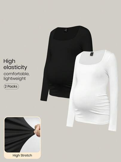 Modmama 2pcs Pregnant Women Skinny Long Sleeve Square Neck Casual T-Shirt Set, For Maternity