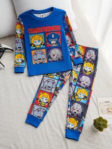 Transformers X SHEIN Set de 2 piezas de pijama con parte superior de manga larga de cuello redondo y estampado de letra y robot de dibujos animados, y leggings cómodos y elásticos para niño pequeño - Multicolor - Ver 1