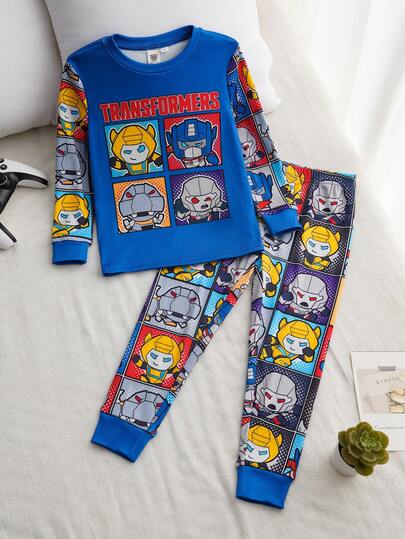 Transformers X SHEIN 2pcs/Set Young Boy Playful Letter & Cartoon Robot Print Round Neck Raglan Long Sleeve Top And Leggings Comfortable Stretchy Pajama Set