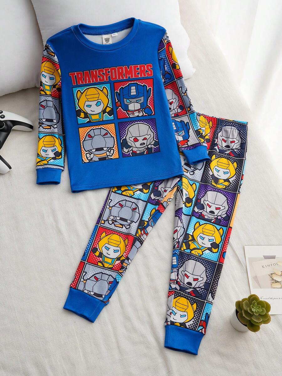 Transformers X SHEIN Set de 2 piezas de pijama con parte superior de manga larga de cuello redondo y estampado de letra y robot de dibujos animados, y leggings cómodos y elásticos para niño pequeño - Multicolor - Ver 1