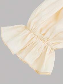 SHEIN Girlism 少女杏色休闲百搭方领露肩褶皱泡泡袖春夏新款短款上衣 - 杏色 - 查看 4