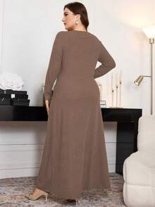 Modelyn 大码罗纹蝴蝶结装饰A字长袖休闲连衣裙，适合春秋季穿着，女士长款晚礼服 - 摩卡棕 - 查看 2