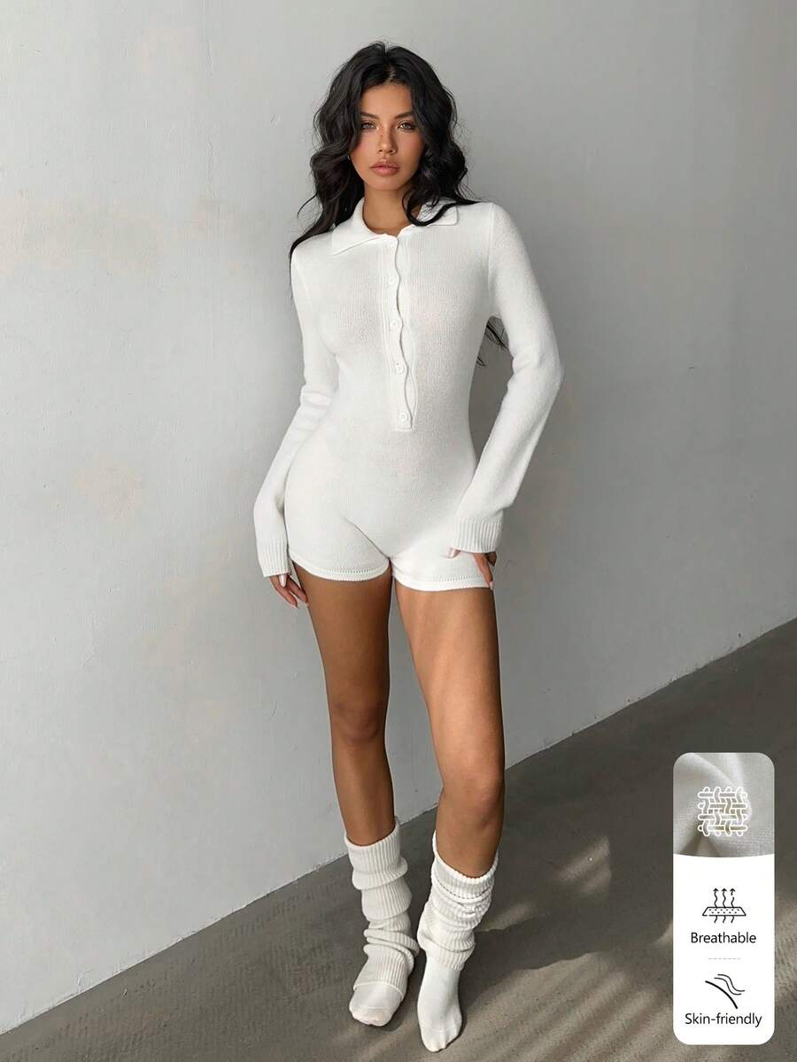 FavEase Casual Versatile Women's Polo Collar Sweater Jumpsuit