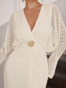 Modelyn 女式纯色深V领优雅长袖连衣裙 - 杏色 - 查看 2