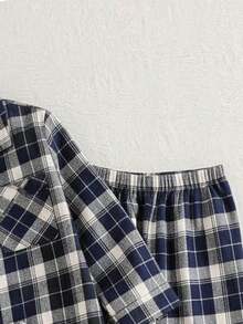 2pcs Young BoyClassic Plaid Shirt & Pants Set, Casual Homewear - Blue - View 7