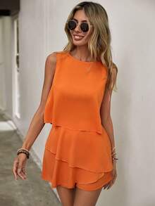 Sylviya 2pcs/Set Women Casual Versatile Commute & Vacation Asymmetrical Layered Camisole & Skirt Shorts,Vacation - Orange - View 7