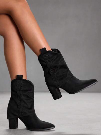 CUCCOO SZL 尖头粗跟性感红色一脚蹬踝靴，双色拼接女靴，秋冬款