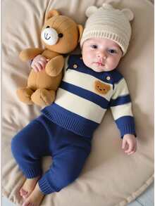 SHEIN 男婴撞色条纹毛衣和针织裤套装,秋冬季 - 藍色 - 查看 8