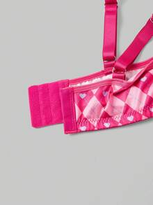 ROMWE Kawaii 3件套加大码菱形格纹蕾丝钢圈文胸、项链和印花裙套装 - 玫紅色 - 查看 4