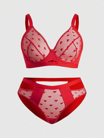 Goth Set di reggiseno con ferretto e slip in pizzo jacquard a cuori, taglie comode, dolce e sexy