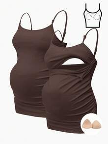 Modmama 带胸罩杯的哺乳背心，无袖白色孕妇上衣 - 摩卡棕 - 查看 3