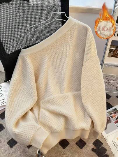 Franclia Women's Casual Loose Slanted Asymmetrical Neck Plush Pocket Pullover Sweatshirt, Apricot Plush Sweatshirt, Three-Dimensional Fur Long-Sleeved Sweatshirt Winter,Winter For Women,Winter,Summer,Christmas New Year Women Thanksgiving