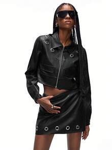 Aveloria Affinna 两件套黑色PU皮革朋克街头风服装，铆钉装饰，镂空设计，百搭机车夹克和迷你裙套装，女士款
