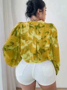 SHEIN Clasi Áo sơ mi dài tay thanh lịch in họa tiết toàn bộ phía trước cỡ lớn - Màu vàng - Xem 5