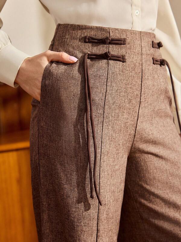 Vintamour Vintage Classic Elegant Women's Pants, Slim Fit New Chinese Style Pants, Button Closure Pants, Contrast Color Pants, Coffee Brown Pants, Autumn/Winter