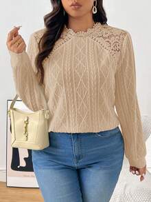 SHEIN Frenchy 大码女式撞色蕾丝长袖几何纹理宽松T恤 - 卡其色 - 查看 2