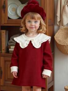 SHEIN 女婴休闲条纹翻领长袖连衣裙，春秋 - 紅色 - 查看 3