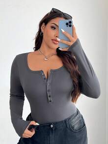 SHEIN EZwear Bộ 3 chiếc/Bộ áo thun dệt kim tay dài cài nút màu trơn cỡ lớn cho nữ, mùa thu/đông - Nhiều màu - Xem 3