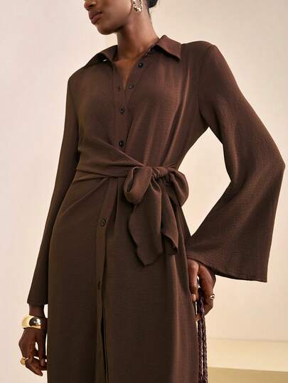 Zivah 20  Autumn/Winter New Year, Valentine's Day, Party, Evening, Date, Gathering, Birthday Party, College Style, Student Wear, Daily Outing, Basic Versatile, Casual, Cruise Travel, Viral Hit, Elegant, Commute, Business Casual, Minimalist, Shirt Collar Flare Sleeve, Coin Slot Button Can Open, Tie Waist, High Slit, Real Pockets, Dark Brown Fabric, Autumn/Winter Long Dress, Women Maxi Dress