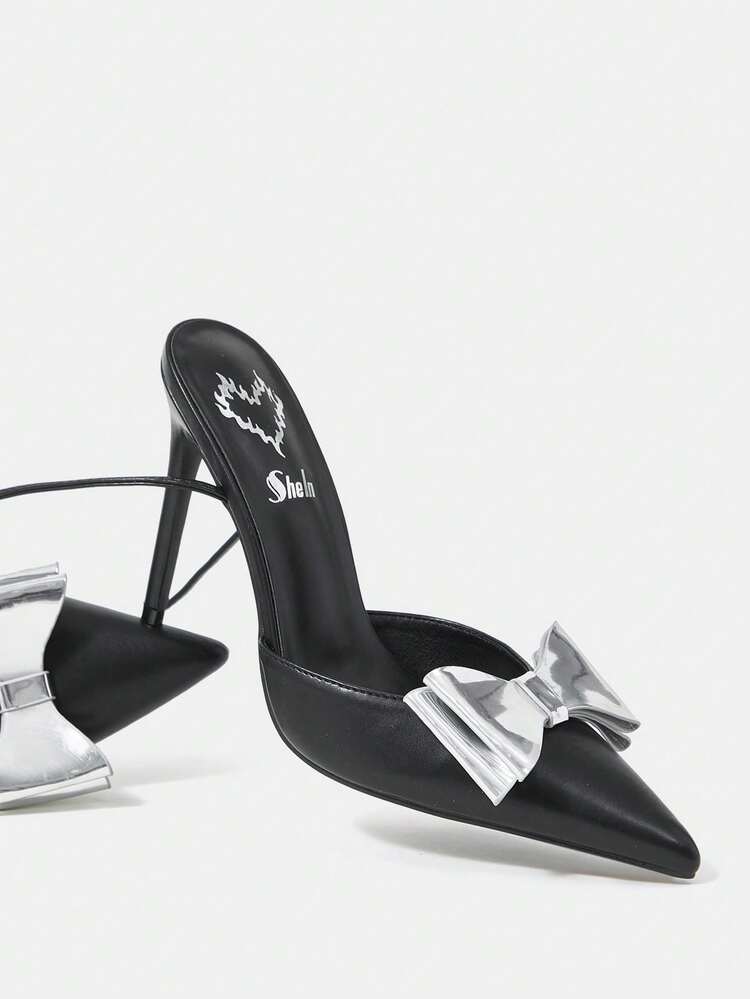 Black Pu Leather & Silver Bowknot Decor Sexy Fashion Women's High-heeled Lace-up Sandals