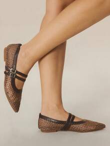 Styleloop Sepatu Kasual Wanita Ujung Lancip, Bahan Tenun Datar, Cokelat Kopi, Nyaman untuk Sehari-hari, Pesta, Pantai, Desain Bertali - Coffee Brown - View 7