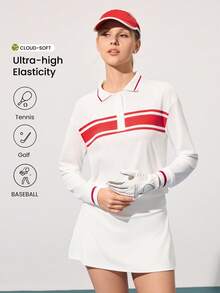 CourtClass Women's Striped Long Sleeve Polo Collar Tennis Sweatshirt Tennis Dress Long Sleeve Tennis Clothes For Women Women Golf Tops Upf Shirt Women - White - View 1