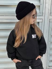 Dazy Kids Young Girl Hooded Letter Knit Fleece Printed Sweatshirt, Fall Clothes, Winter