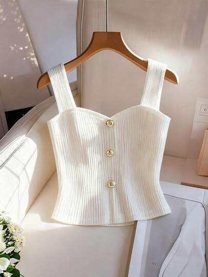 Franclia 春夏新款时尚无袖白色优雅装饰纽扣女式上衣