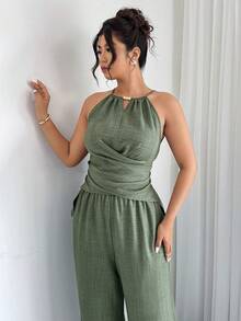 Elenzga Women's Casual Beaded Cinched Waist Suit, Commuter Outfit, Everyday Casual Set, Spring/Summer - Green - View 6