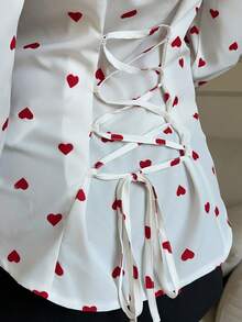 SHEIN EZwear Áo sơ mi nữ dệt hình trái tim đỏ nền trắng - trắng - Xem 7
