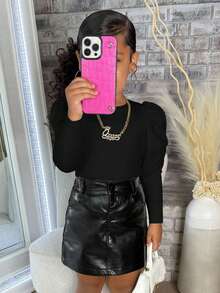 SHEIN Emery Rose Kids Young Girl Chic Casual Elegant Commuting Gigot Sleeve Fitted Long Sleeve T-Shirt, Autumn Tee Fall ,Mom And Daughter & Sisters  Matching - Black - View 3