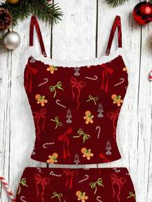 SHEIN EZwear 两件套女士蕾丝吊带背心和褶皱短裤，适合夏季穿着 - 酒紅色 - 查看 3