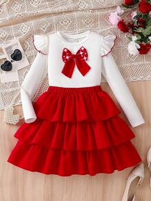 Elladie kids New European Style Round Neck Butterfly Sleeve Long Sleeve Set + A-Line Skirt With Bowknot And Ruffle Hem Top, 2 Piece Set - Red and White - View 4