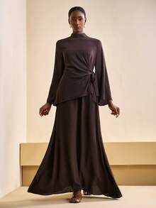 Zivah 2025 Autumn/Winter New Year, Valentine's Day, Party, Evening, Date, Birthday, College Style, Student, Daily Wear, Versatile, Casual, Cruise Travel, Trending, Elegant, Commute, Business Casual, Minimalist Collared Flare Sleeve Tie-Waist Asymmetric Hem Shirt + Loose A-Line Long Skirt 2-Piece Set, Brown Fabric, Women's Autumn/Winter Outfit Brown Two Piece Set Modest Two Piece Set Modest Dress Brown Elegant Dress Women Modest Sets For Women - Brown - View 4