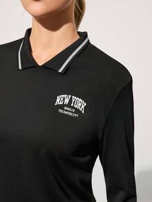 CourtClass 女士字母印花高尔夫球衫，长袖，翻领 - 黑色 - 查看 4