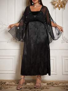 Flirla New Chinese Style Black Elegant Dinner Evening Formal Maxi Dress,Autumn Retro High Waist Patchwork V-Neck Short Sleeve Open Slit Cheongsam - Black - View 3
