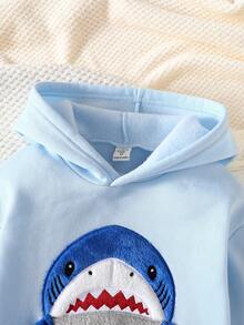 SHEIN Playful Pals 男童3D鲨鱼刺绣图案长袖卫衣裤套装，返校季服装 - 淺藍色 - 查看 6