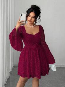 Elenzga 大码女式蕾丝方领长袖短款聚会/约会连衣裙 - 酒紅色 - 查看 8