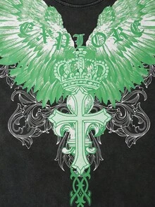 ROMWE MEN Goth 男士做旧哥特印花短袖T恤，夏季 - 黑色 - 查看 5