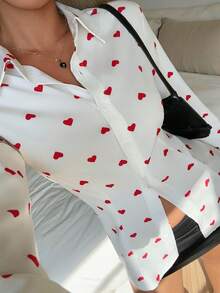 SHEIN EZwear Áo sơ mi nữ dệt hình trái tim đỏ nền trắng - trắng - Xem 5