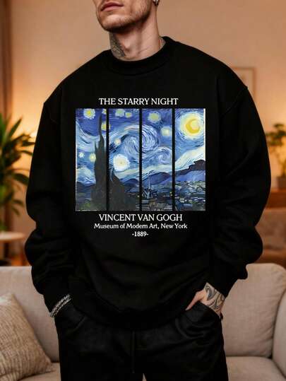 Hombre004 Sudadera de cuello redondo de moda Parte superior de ropa para casa, cómoda y abrigada cálida para otoño e invierno, con envío local desde México Camisa negra con la imágen del Retrato nocturno de una ciudad, obra maestra de Vincent Van Gogh, una pieza artística que combina la belleza del arte y la comodidad para los amantes de la cultura y el estilo