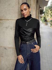 Maija 女士休闲修身黑色长袖高领上衣 - 黑色 - 查看 5