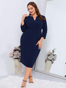 SHEIN Clasi Đầm suông cổ chữ V tay 3/4 màu trơn thanh lịch cỡ lớn dành cho nữ - Màu xanh lam - Xem 3