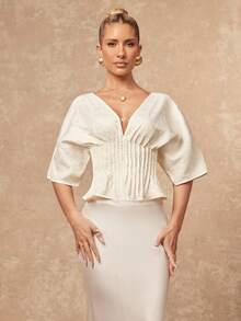 Lumalex Early Spring V-Neck Textured Fabric Cinched Waist Ruffle Hem Exaggerated Design Women Top Luxury NewYearNewLook QuietLuxe Prom Gathering Party Banquet Modest Old Money Coquette Glitter Holiday Party Rave Festival Outing Vacation Hot Outdoor Richly Layered Wedding Season Banquet ID Al-Adha Al-Adha Party New Year Looks Of Party - Apricot - View 6