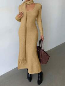 Elenzga 优雅浅杏色V领简约舒适复古风针织连衣裙配流苏围巾，适合秋冬通勤出游 - 卡其色 - 查看 7