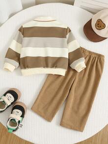 SHEIN 2pcs/Set Baby Boy Cute Striped Cartoon Pattern Polo Shirt And Elastic Waist Casual Sweatpants Set, Autumn/Winter