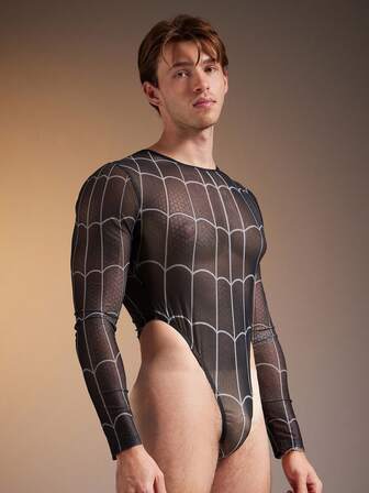 FeverCity Men's Mesh Sheer Spider Web Print Tight Fit Jumpsuit