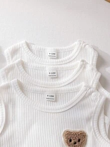SHEIN Vintaside Kids 3pcs/Set Newborn Baby Boy Casual Cute Bear Decor White Bodysuit Outfit, Suitable For Daily Wear, Summer - White - View 7