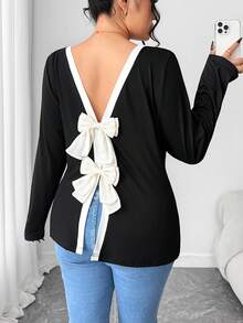 Elenzga Plus Size Women Casual Round Neck Long Sleeve T-Shirt With Bowknot Back - Black - View 2