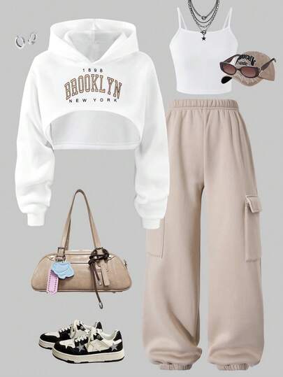 SHEIN ChillGRL 少女三件套针织套装，包含字母印花卫衣、吊带背心和工装裤，舒适百搭，展现青春个性，秋冬必备。